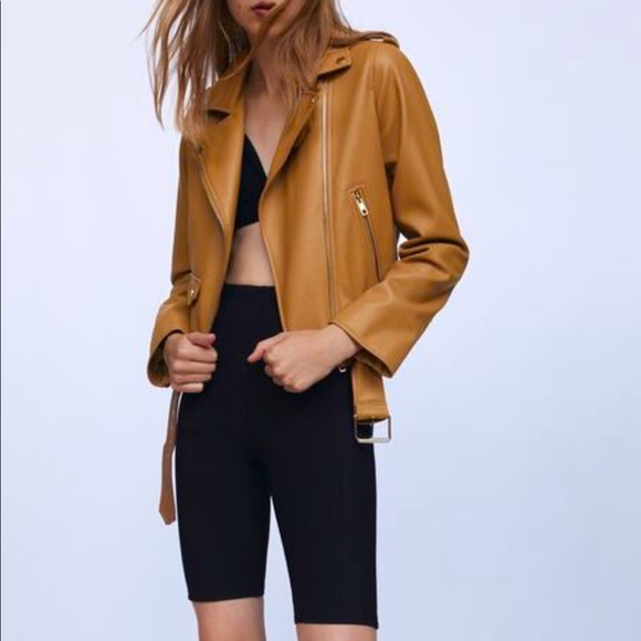 Zara Light Camel Faux Leather Biker Jacket size Large - Picture 1 of 13
